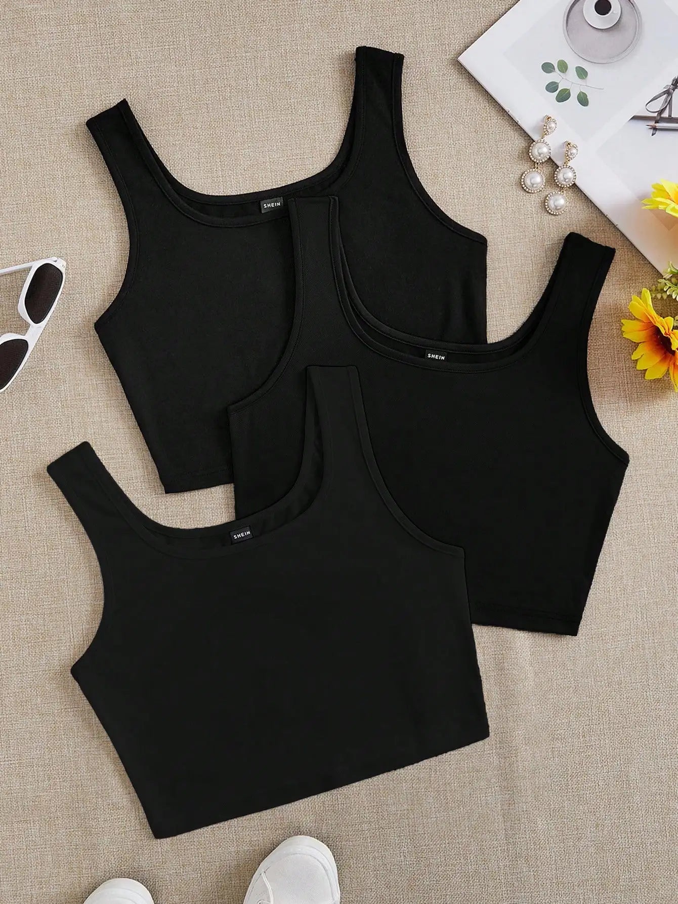 3pcs Women's Super Short Fitted Tank Tops in Black, White & Gray - Round Neck Casual Summer Crop Tops