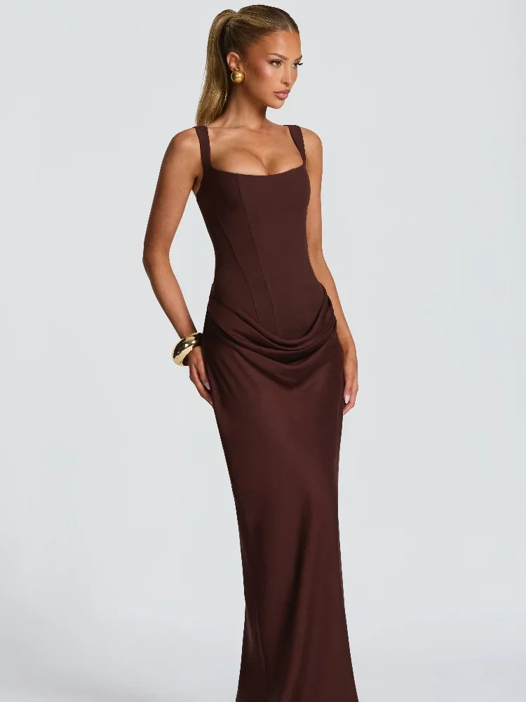 Elegant Solid Corset Sling Pleated Dress Women Brown Sexy Sleeveless Off Shoulder High Waist Maxi Dresses 2025 Lady Party Gown