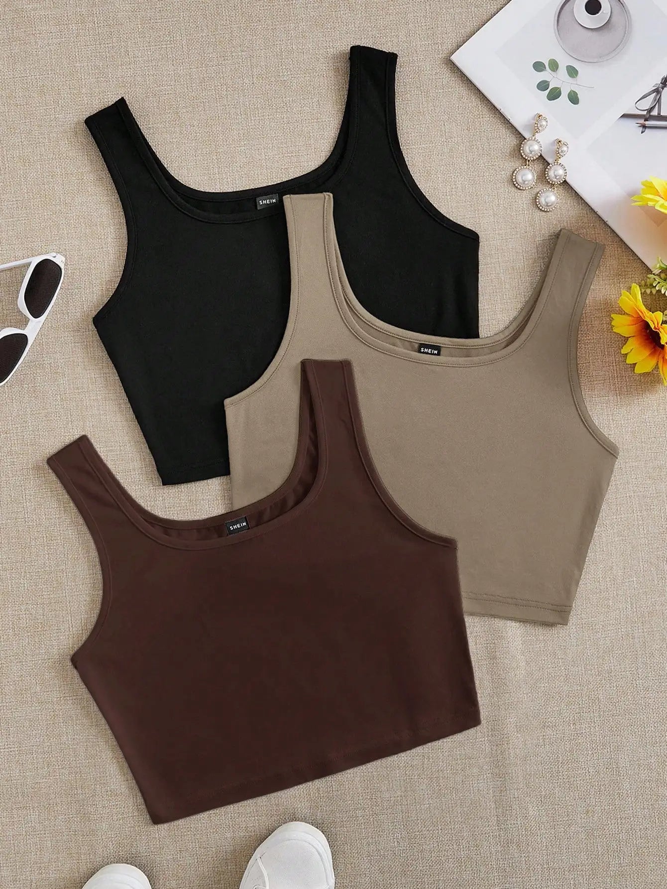 3pcs Women's Super Short Fitted Tank Tops in Black, White & Gray - Round Neck Casual Summer Crop Tops