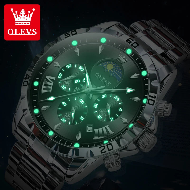OLEVS Original Moon Phase Men Watches Luminous Waterproof Steel