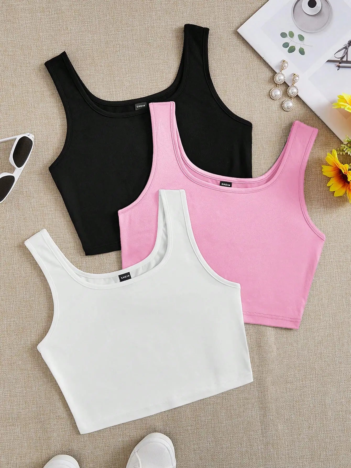 3pcs Women's Super Short Fitted Tank Tops in Black, White & Gray - Round Neck Casual Summer Crop Tops