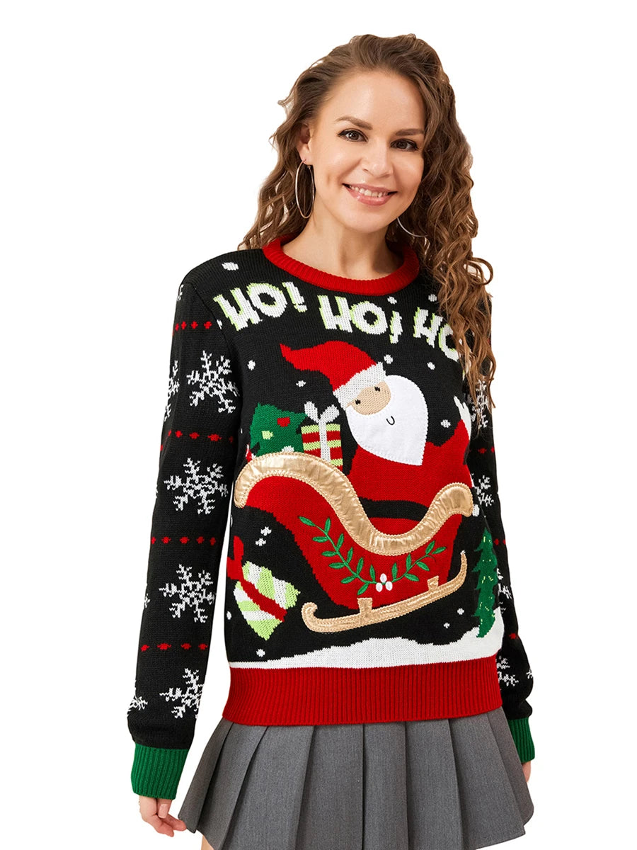 Hirigin Women Christmas Sweater Santa Pattern Round Neck Knit Top
