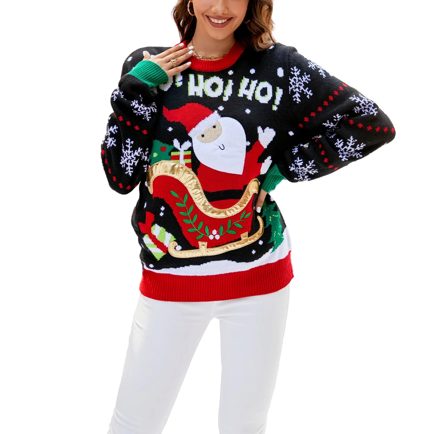 Hirigin Women Christmas Sweater Santa Pattern Round Neck Knit Top
