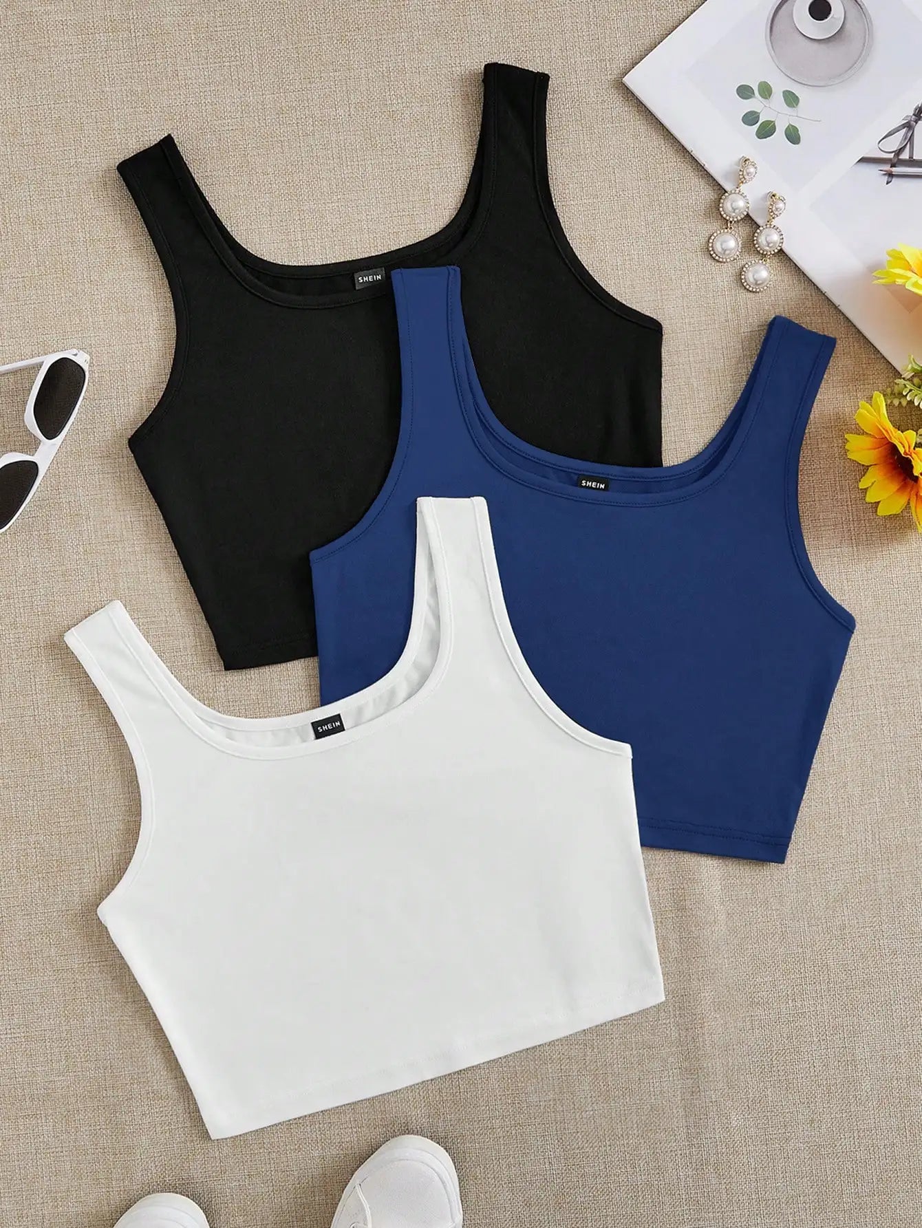 3pcs Women's Super Short Fitted Tank Tops in Black, White & Gray - Round Neck Casual Summer Crop Tops