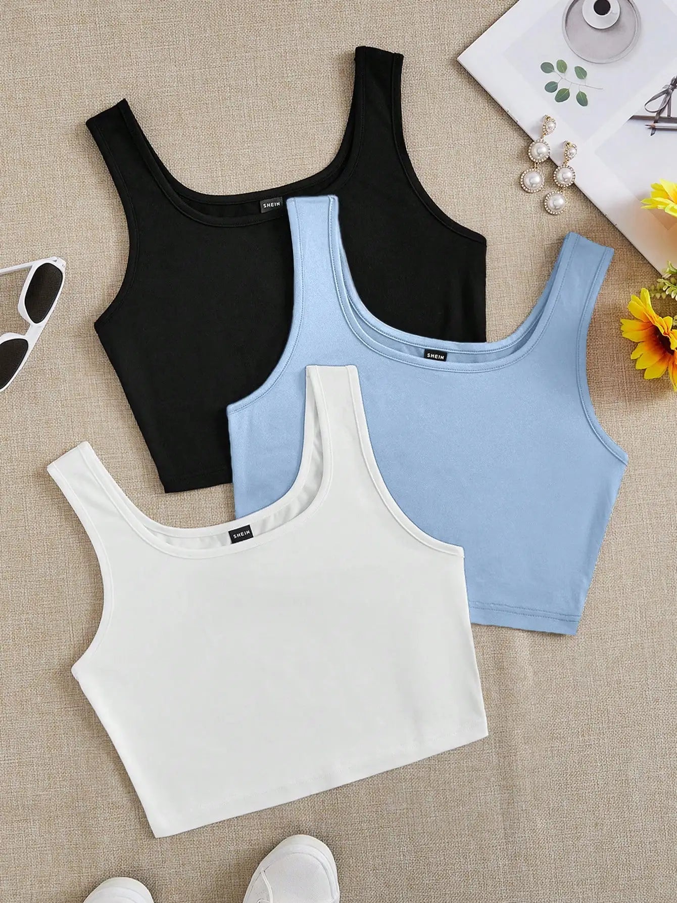 3pcs Women's Super Short Fitted Tank Tops in Black, White & Gray - Round Neck Casual Summer Crop Tops