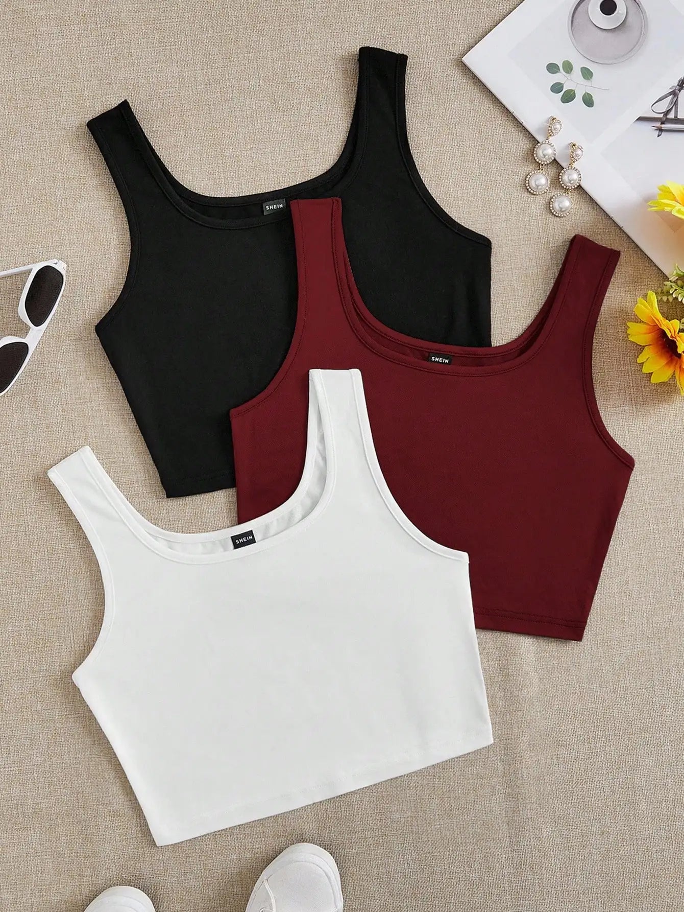3pcs Women's Super Short Fitted Tank Tops in Black, White & Gray - Round Neck Casual Summer Crop Tops