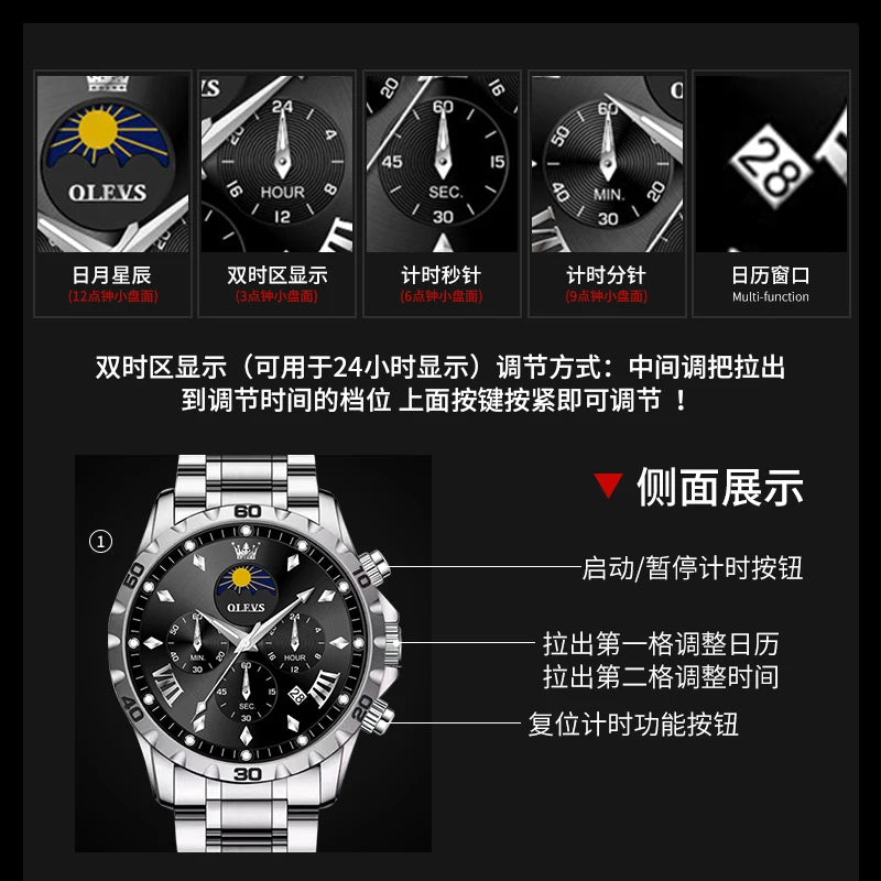 OLEVS Original Moon Phase Men Watches Luminous Waterproof Steel
