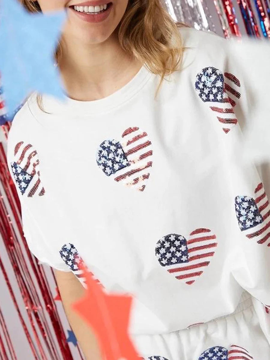Women’s 4th of July Outfits Short Sleeve Round Neck Heart Print Tops Shorts Set