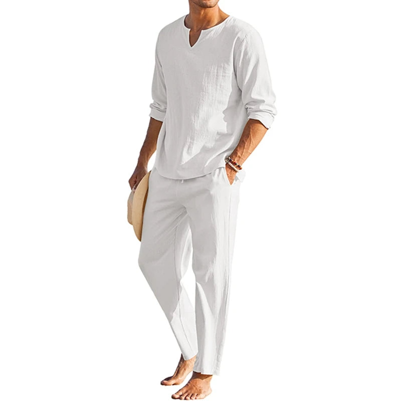 CN Guangdong Mens Summer Cotton Linen Loungewear Set 2 Pieces