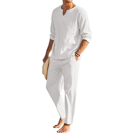 CN Guangdong Mens Summer Cotton Linen Loungewear Set 2 Pieces
