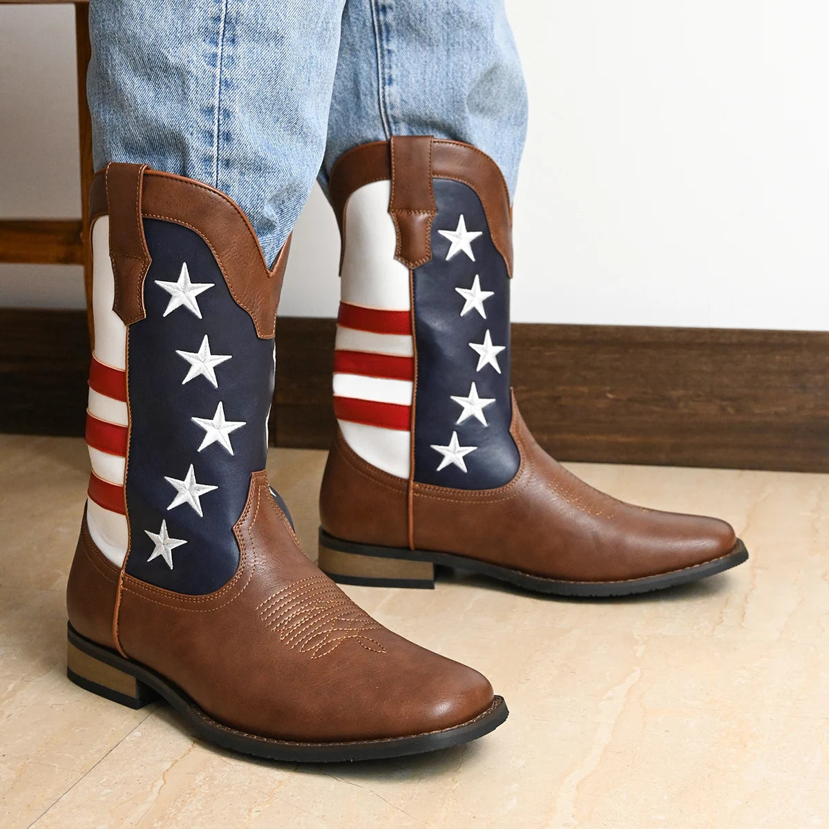 Mens Trendy High Top Cowboy Boots With Stars And Stripes