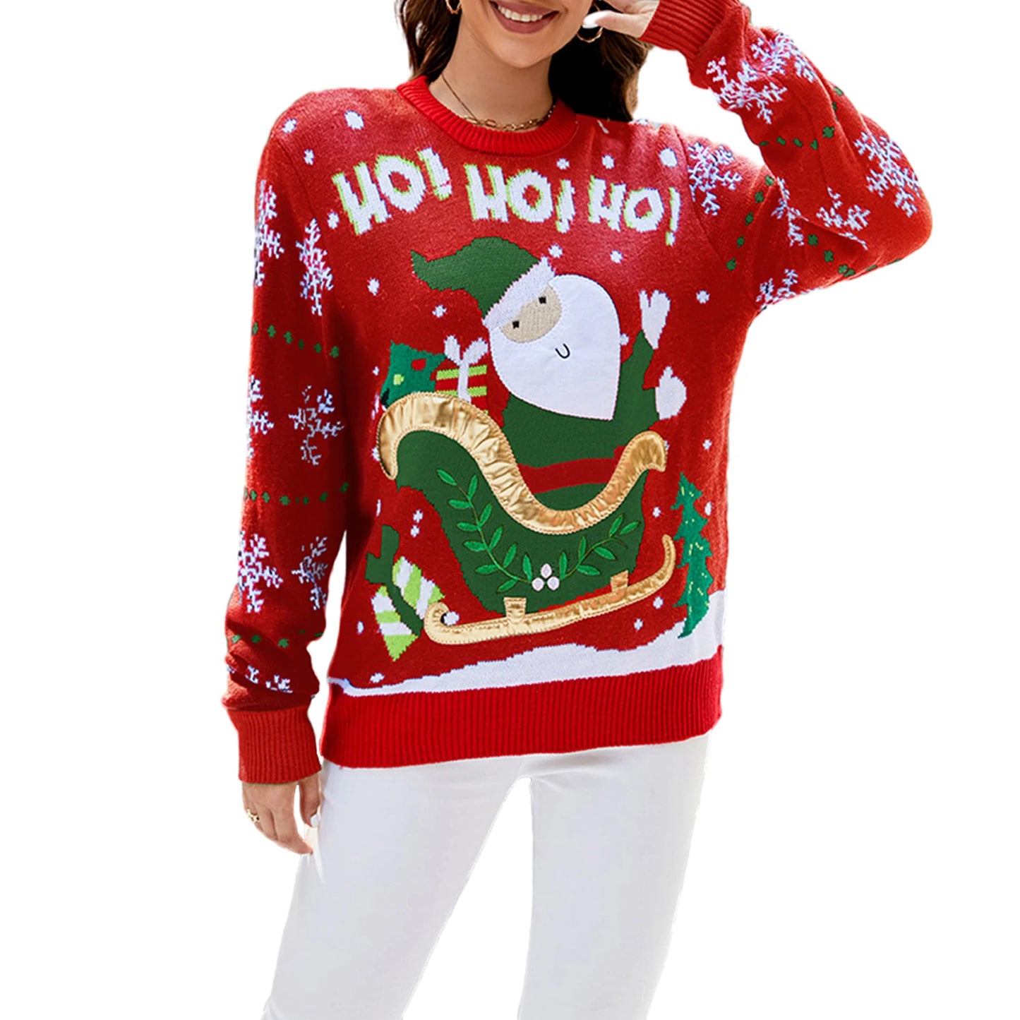 Hirigin Women Christmas Sweater Santa Pattern Round Neck Knit Top