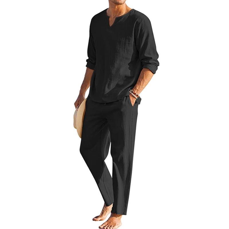 CN Guangdong Mens Summer Cotton Linen Loungewear Set 2 Pieces