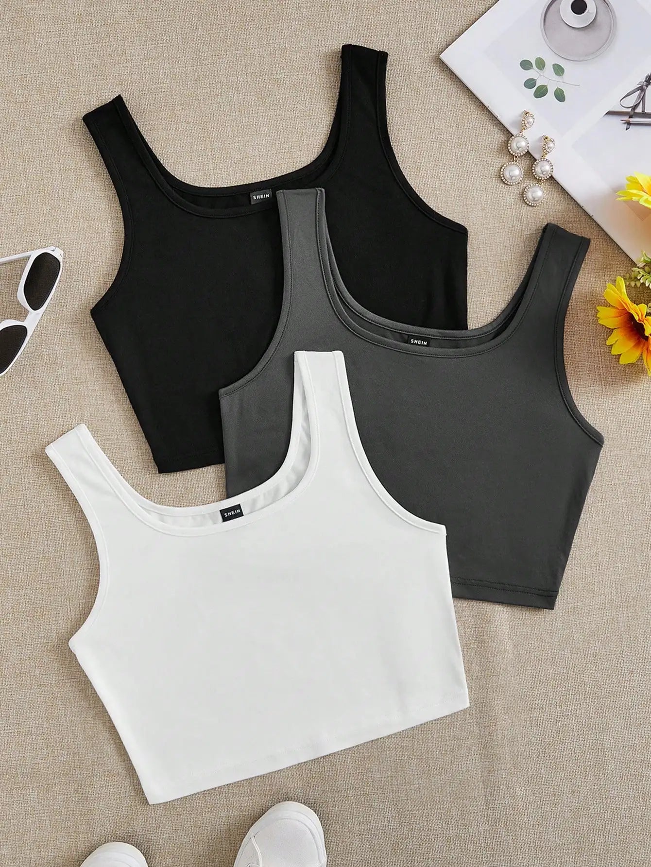 3pcs Women's Super Short Fitted Tank Tops in Black, White & Gray - Round Neck Casual Summer Crop Tops