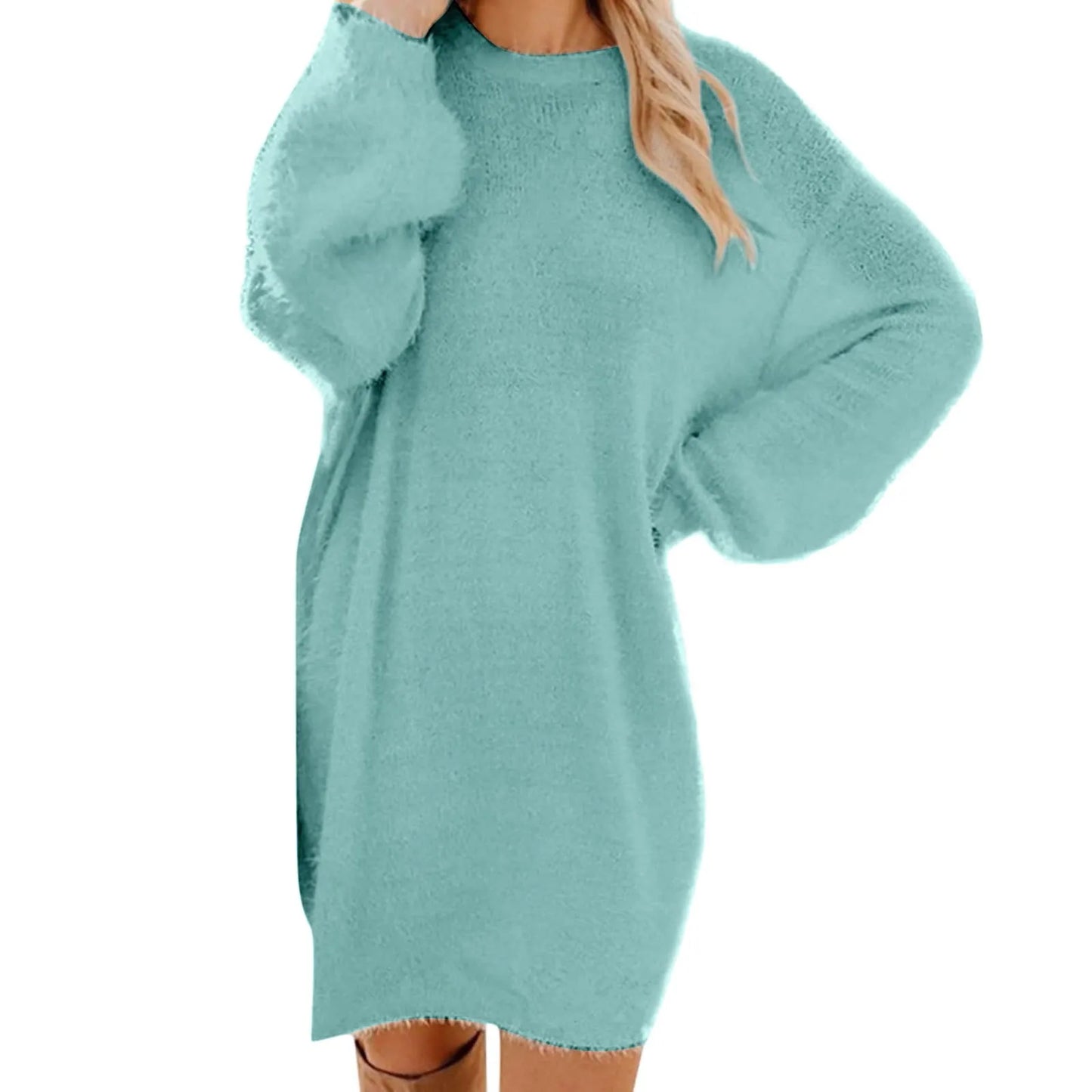 Women Winter Knit Sweater Dress Crewneck Warm Long Sleeve Casual