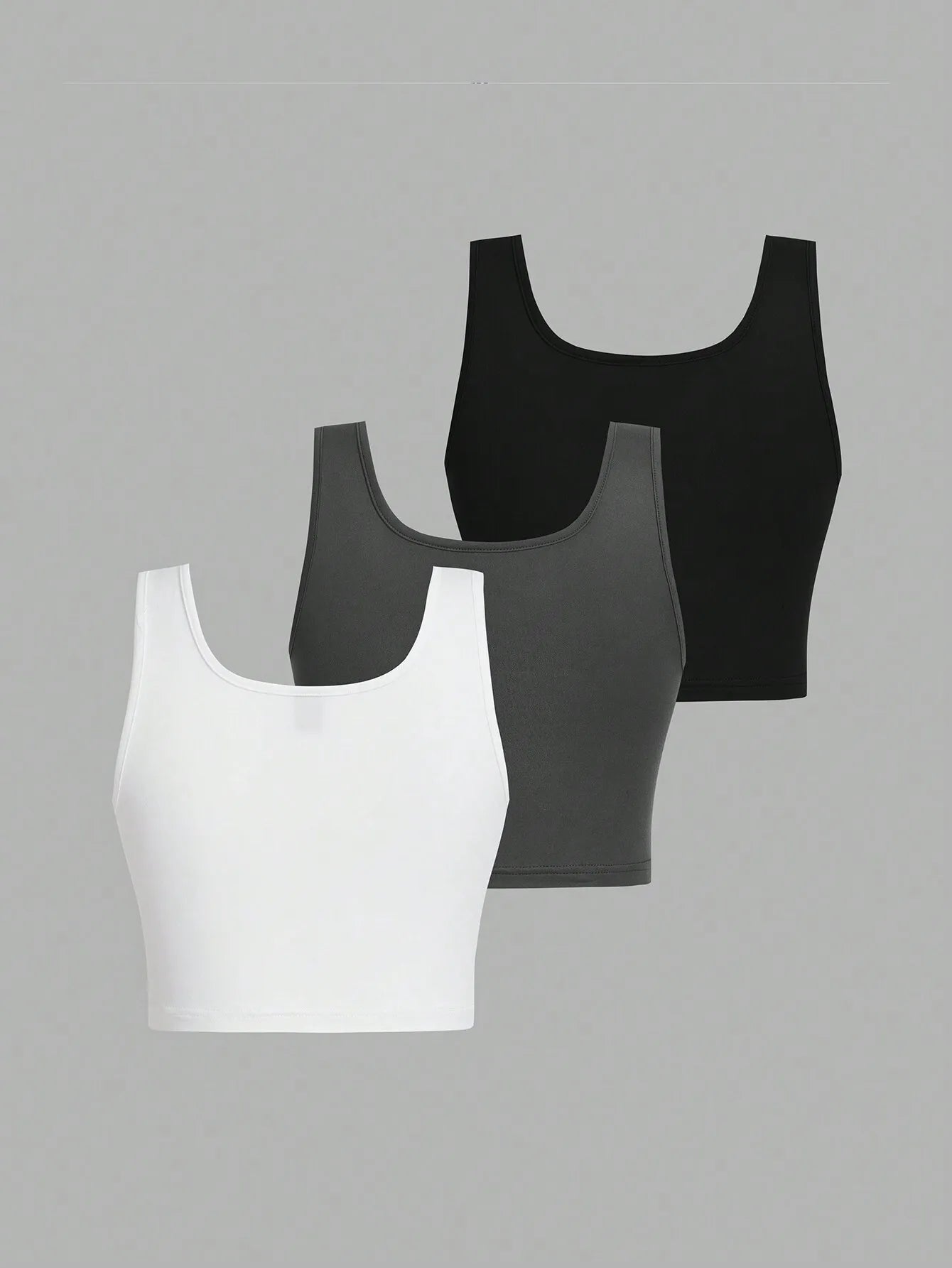 3pcs Women's Super Short Fitted Tank Tops in Black, White & Gray - Round Neck Casual Summer Crop Tops