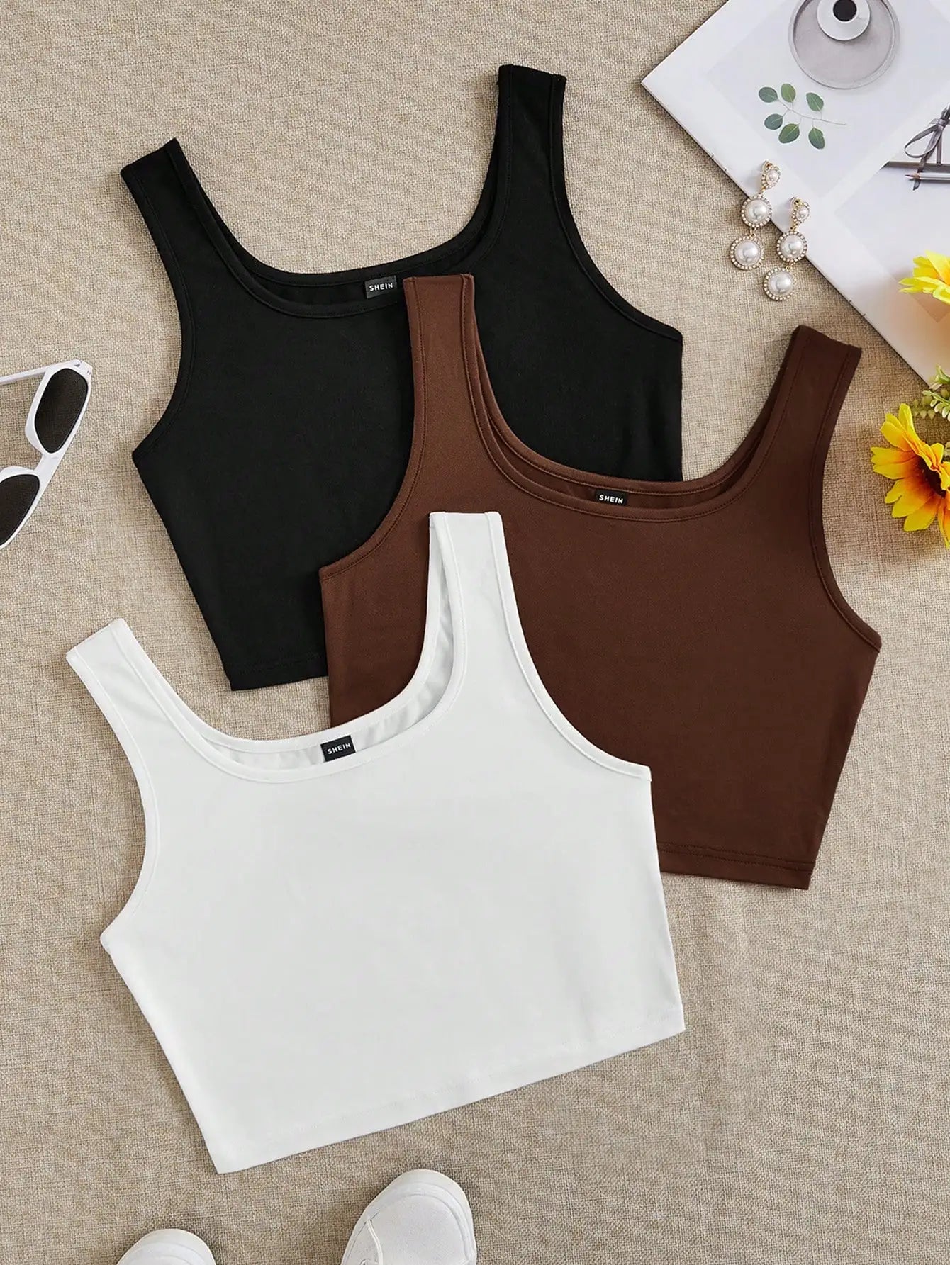 3pcs Women's Super Short Fitted Tank Tops in Black, White & Gray - Round Neck Casual Summer Crop Tops