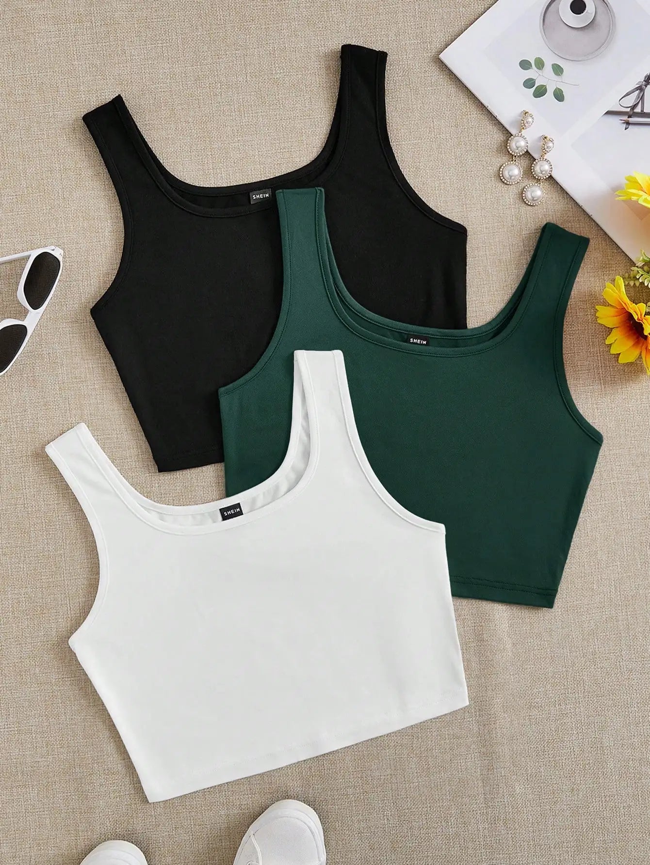 3pcs Women's Super Short Fitted Tank Tops in Black, White & Gray - Round Neck Casual Summer Crop Tops