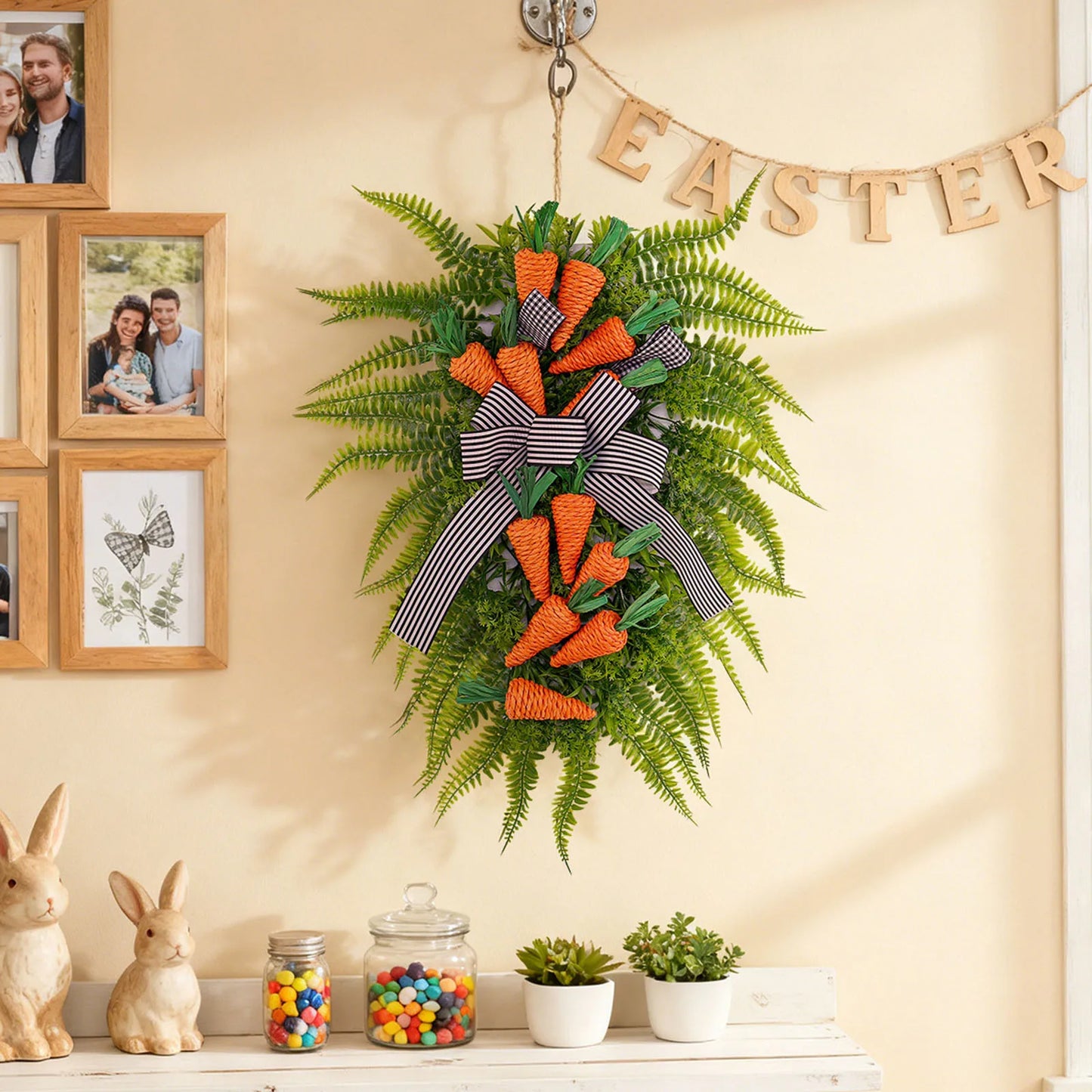 Easter Carrot Fern Wreath Door Decor Striped Bow Wreath Home Wall Hanging Decor 2026 Trendy Easter Garlands Style Corona
