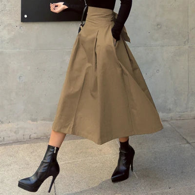 Womens Korean Fashion Solid High Waist Long Swing Skirt