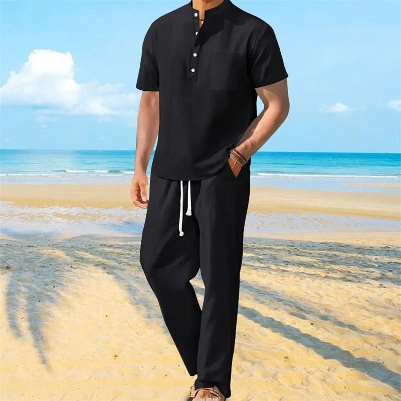 Men's Casual 2 Piece Henley Outfit With Drawstring Pants Set