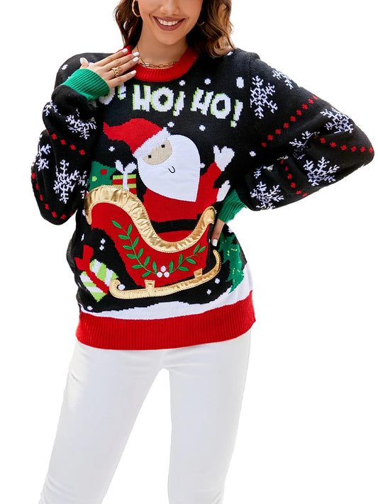 Hirigin Women Christmas Sweater Santa Pattern Round Neck Knit Top