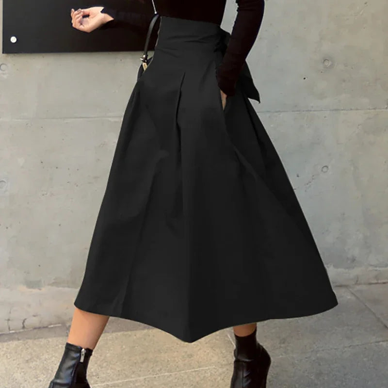 Womens Korean Fashion Solid High Waist Long Swing Skirt