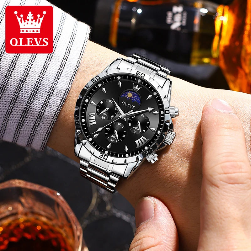 OLEVS Original Moon Phase Men Watches Luminous Waterproof Steel