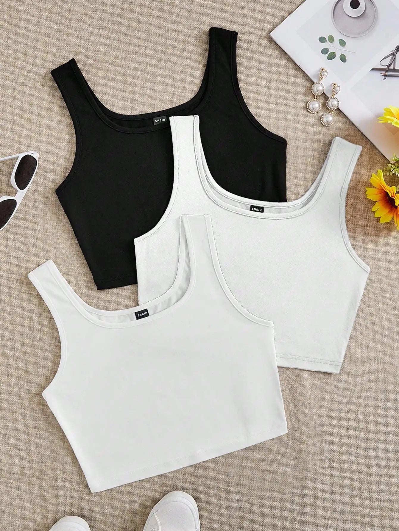 3pcs Women's Super Short Fitted Tank Tops in Black, White & Gray - Round Neck Casual Summer Crop Tops