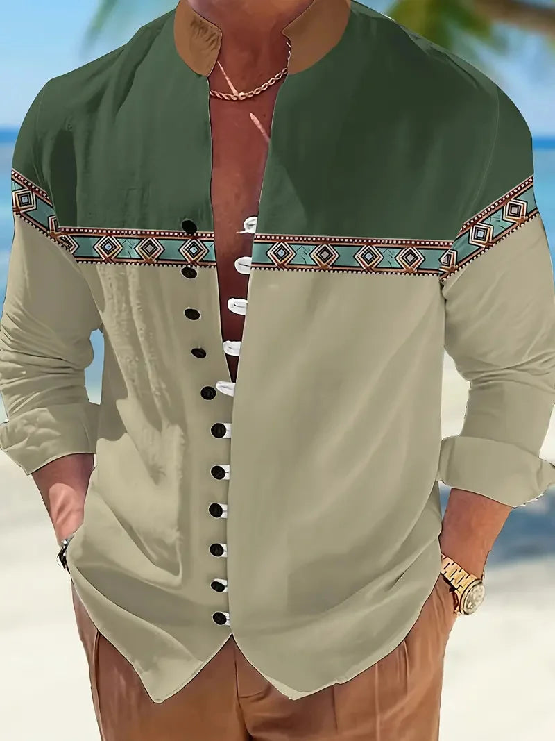 Men's Long Sleeve Linen Shirt Ethnic Vintage Hawaiian Style