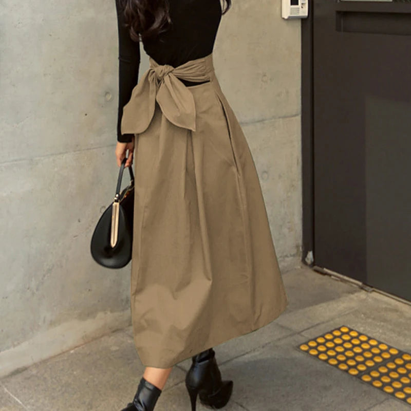 Womens Korean Fashion Solid High Waist Long Swing Skirt