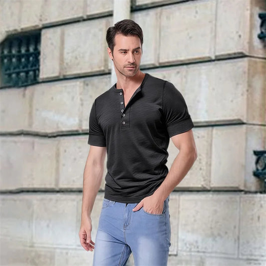 Men s Solid Color Short Sleeve T-Shirt with Round Neckline and Button Detailing - Casual  Fit Top for Summer Fashion
