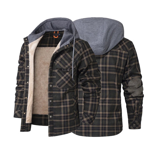 CN Fujian Winter Hooded Mens Jacket Plaid Sherpa Fleece