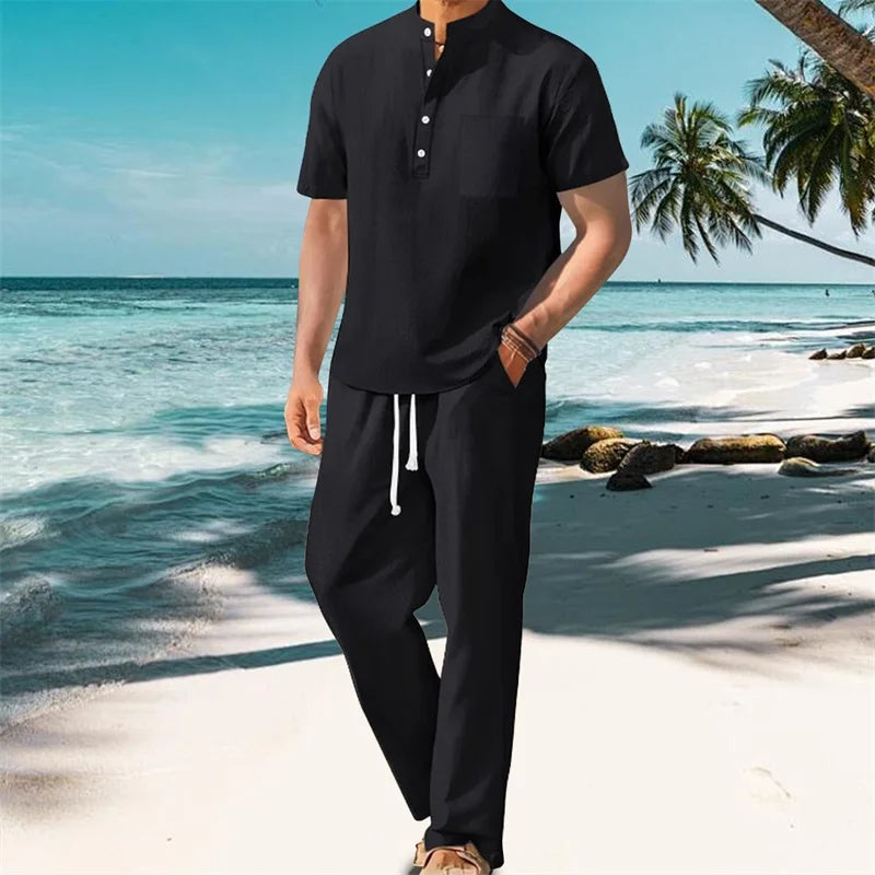 Men's Casual 2 Piece Henley Outfit With Drawstring Pants Set