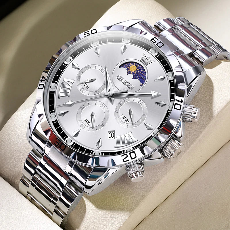 OLEVS Original Moon Phase Men Watches Luminous Waterproof Steel