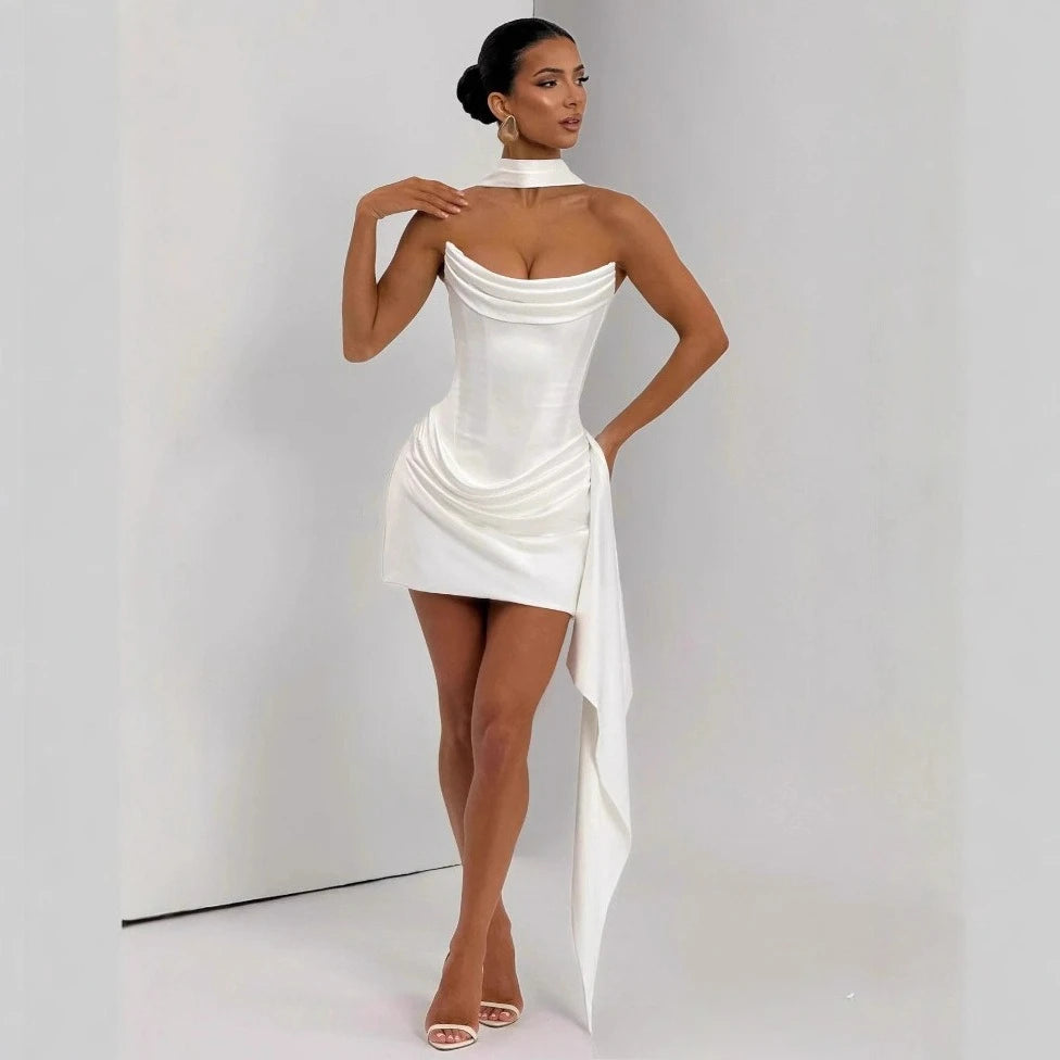 Suninheart Strapless Corset Dress Satin Mini With Scarf Women Cocktail