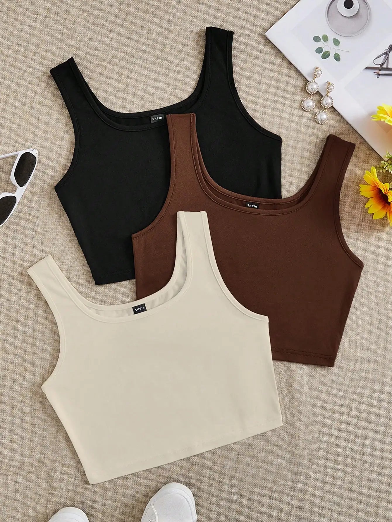 3pcs Women's Super Short Fitted Tank Tops in Black, White & Gray - Round Neck Casual Summer Crop Tops