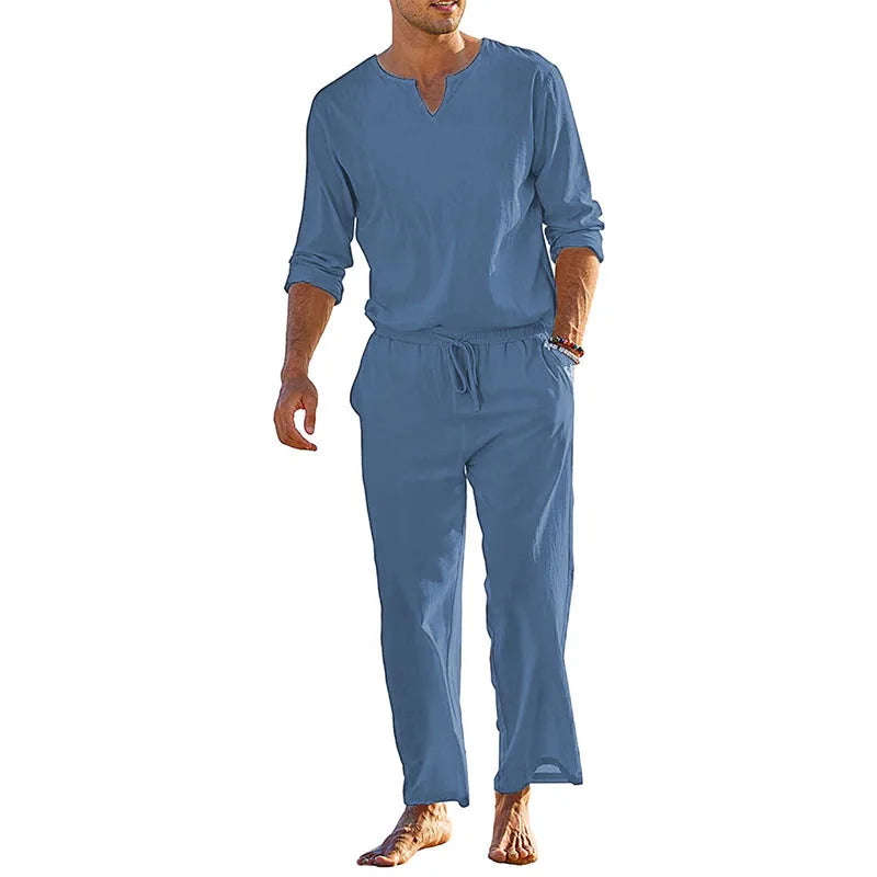 CN Guangdong Mens Summer Cotton Linen Loungewear Set 2 Pieces