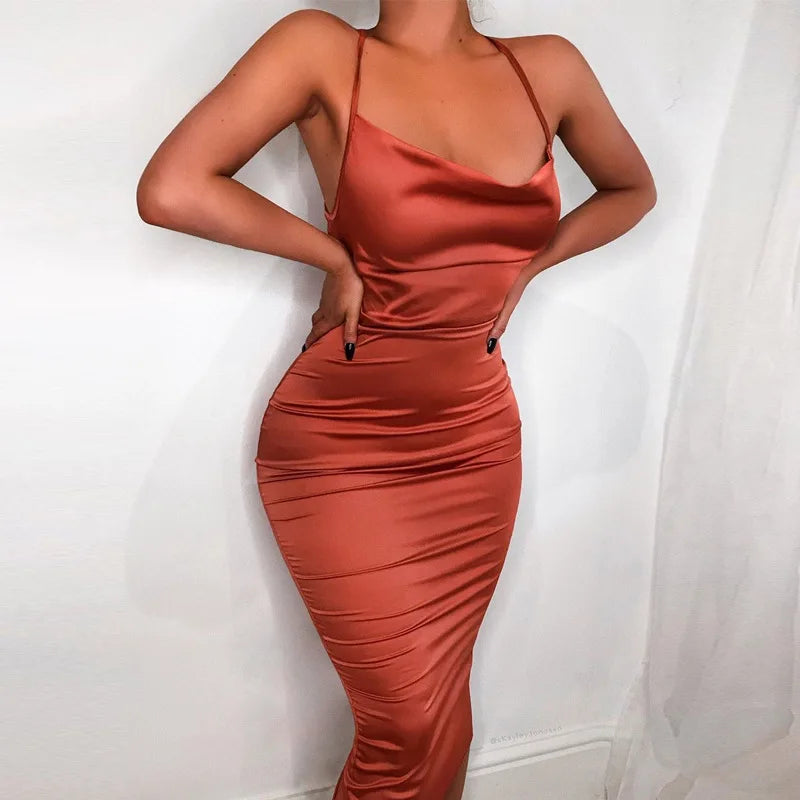Satin Lace Up Womens Long Midi Dress Backless Elegant Party
