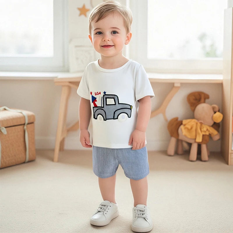 Cute Toddler Boy s 4th of July Set with Truck Embroidery Tee