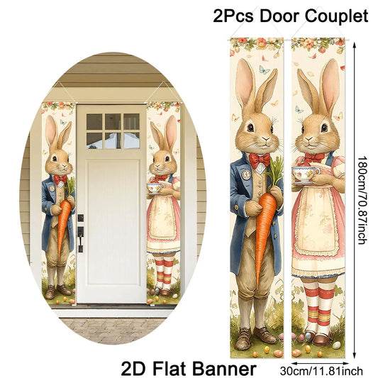 2pcs Happy Easter Bunny Door Banners Polyester Easter Egg Holiday Flags for Outdoor Indoor Spring Holiday Easter Decoration 2026