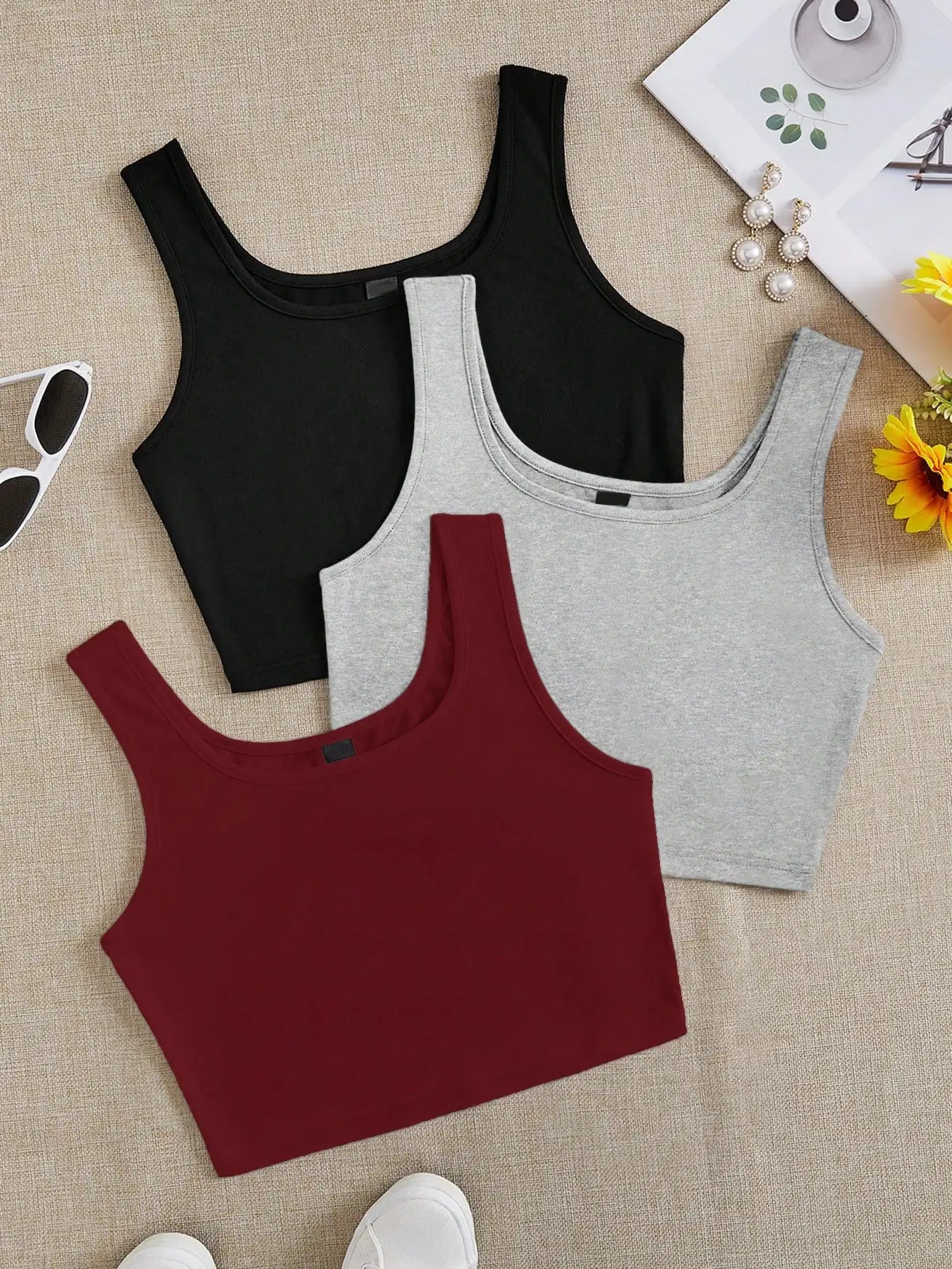 3pcs Women's Super Short Fitted Tank Tops in Black, White & Gray - Round Neck Casual Summer Crop Tops