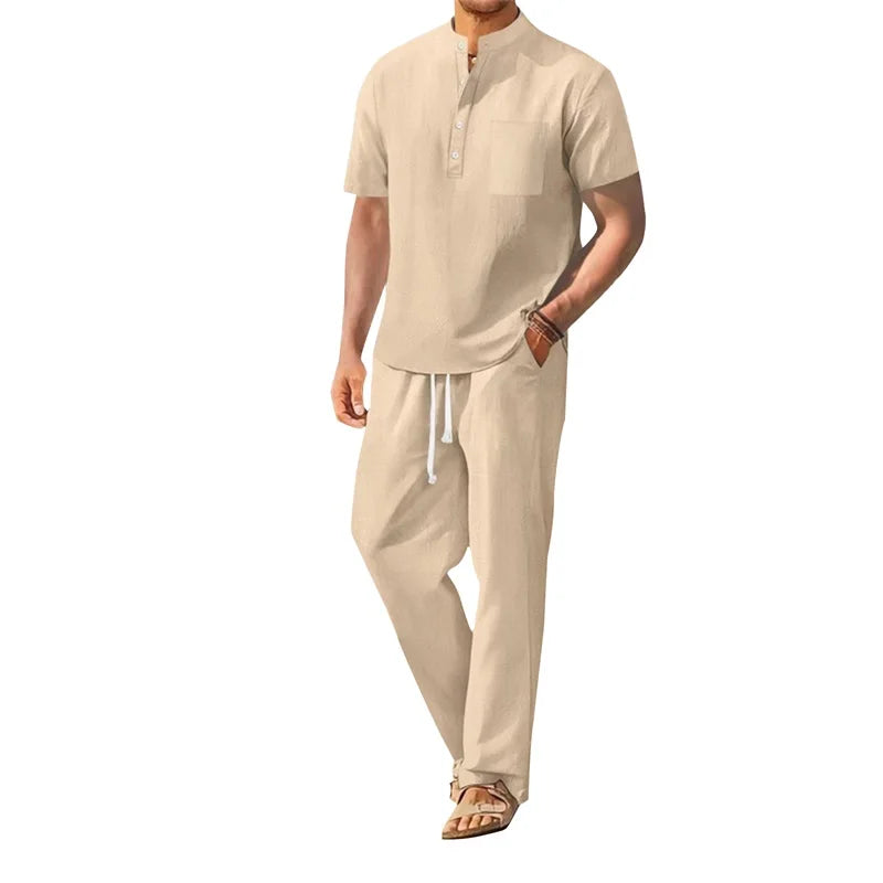 Men's Casual 2 Piece Henley Outfit With Drawstring Pants Set