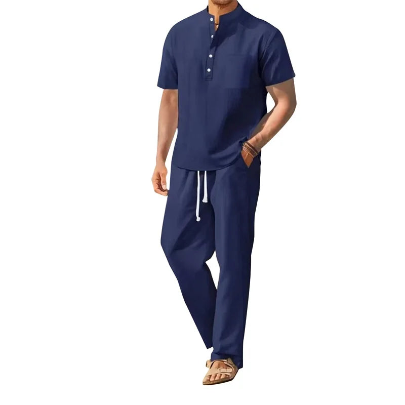 Men's Casual 2 Piece Henley Outfit With Drawstring Pants Set