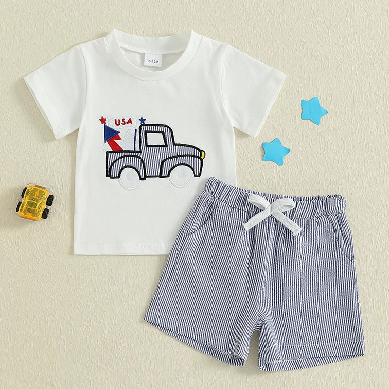 Cute Toddler Boy s 4th of July Set with Truck Embroidery Tee