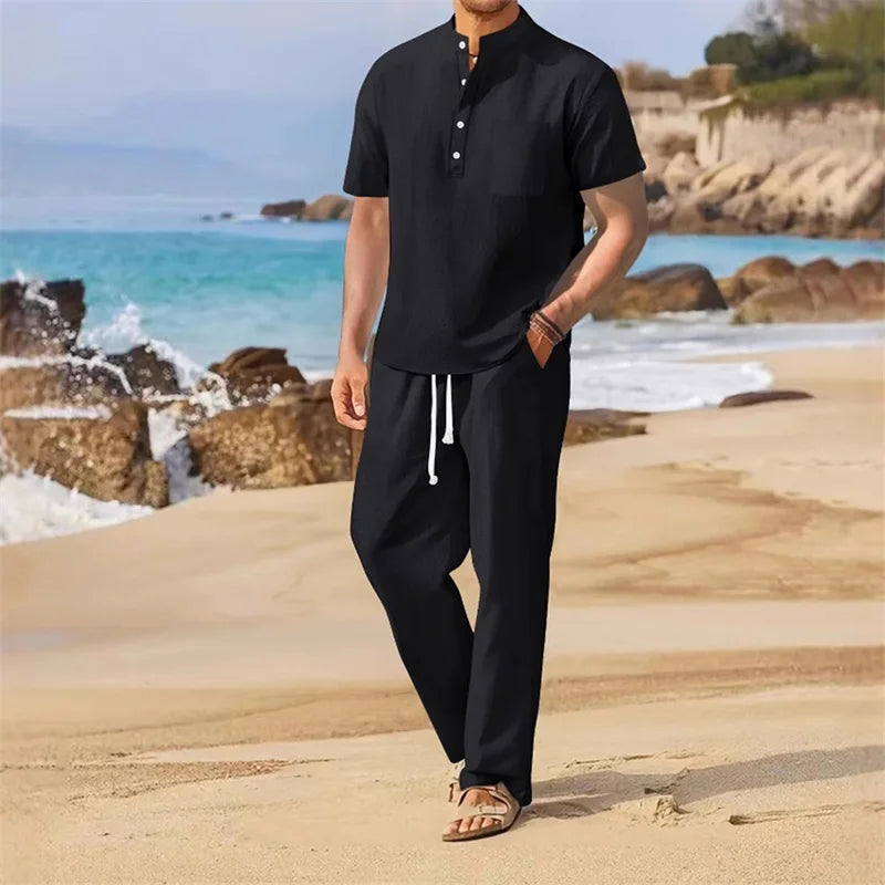 Men's Casual 2 Piece Henley Outfit With Drawstring Pants Set