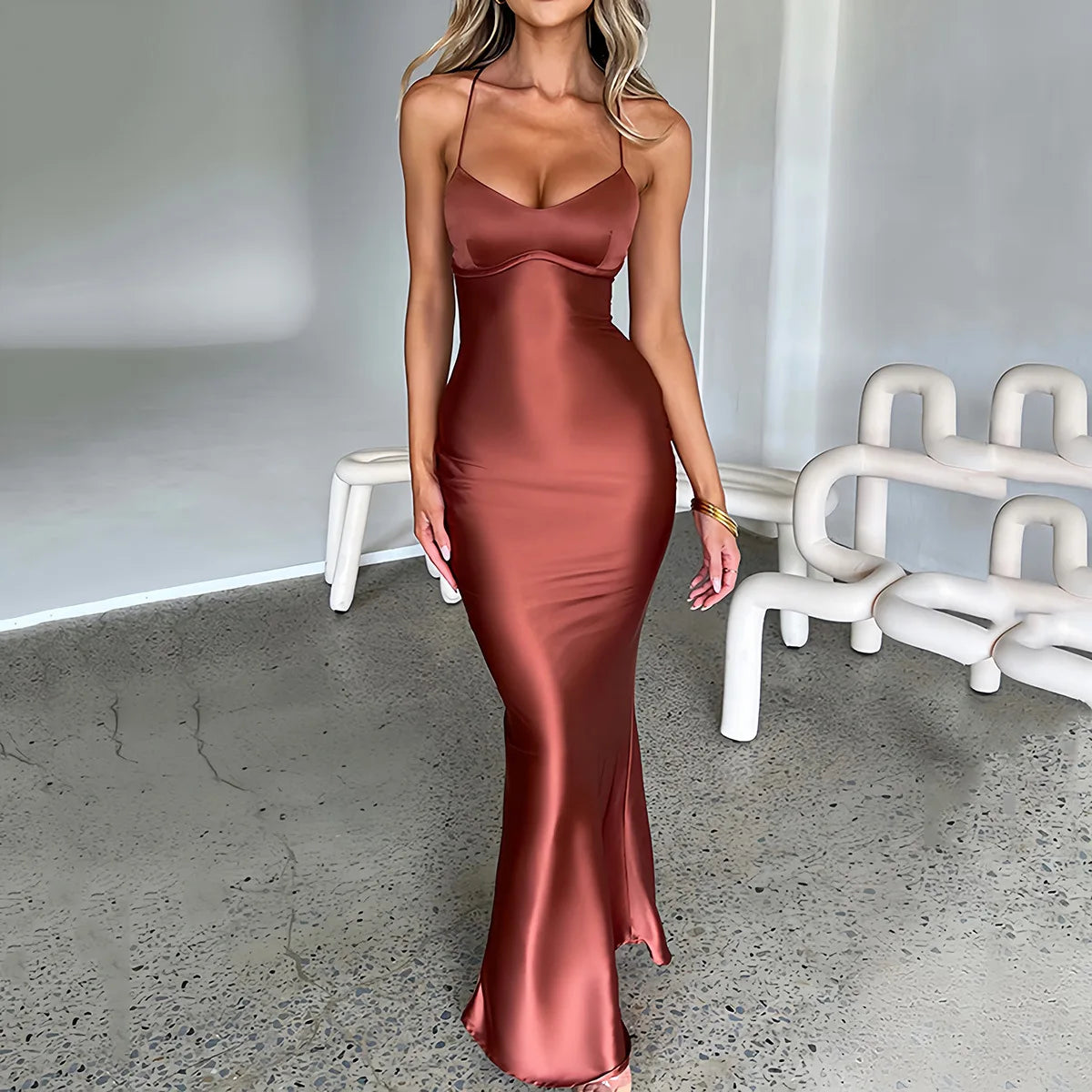 Backless Satin Mermaid Slip Dress For Women Elegant Party Gown