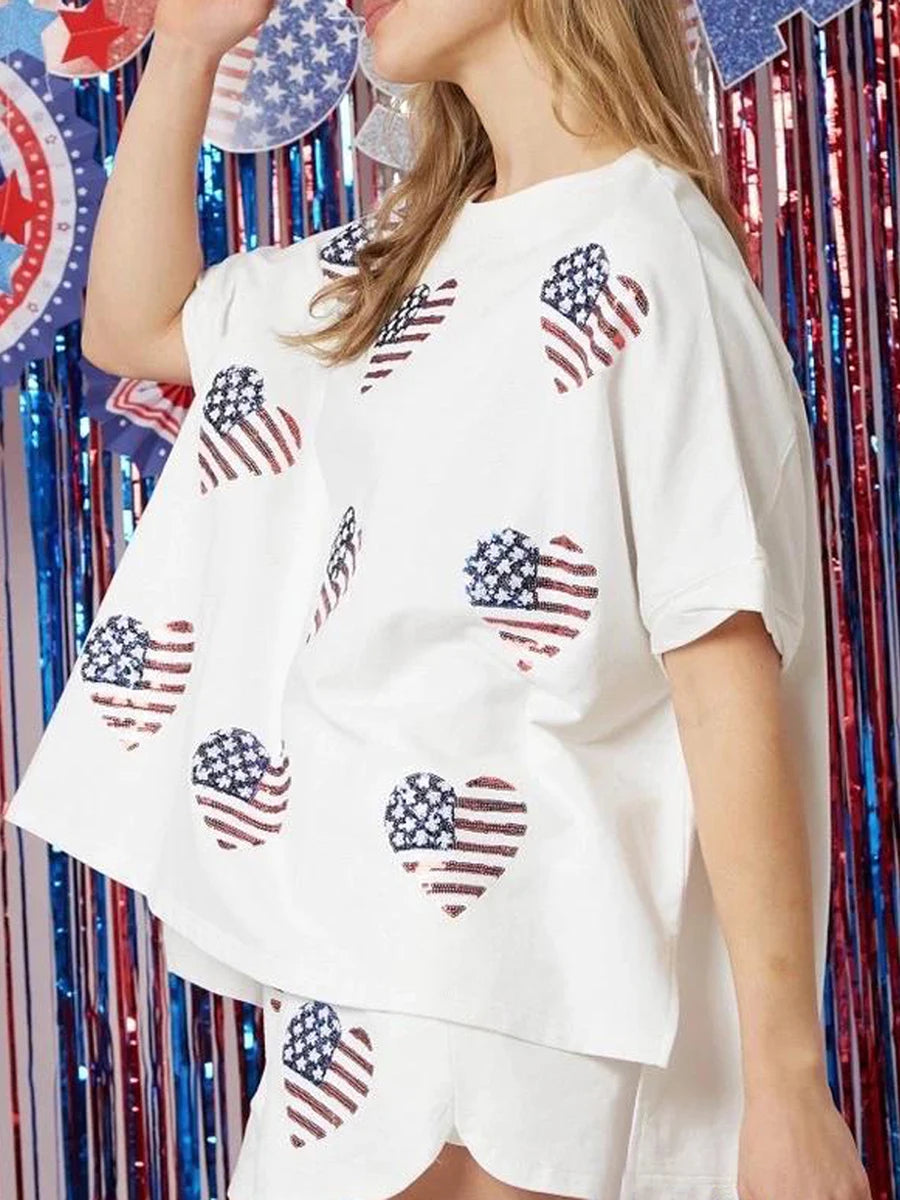 Women’s 4th of July Outfits Short Sleeve Round Neck Heart Print Tops Shorts Set