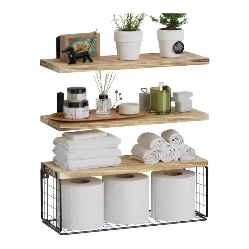 Wall Mounted Floating Shelves 3 Set Wood Bathroom Shelves