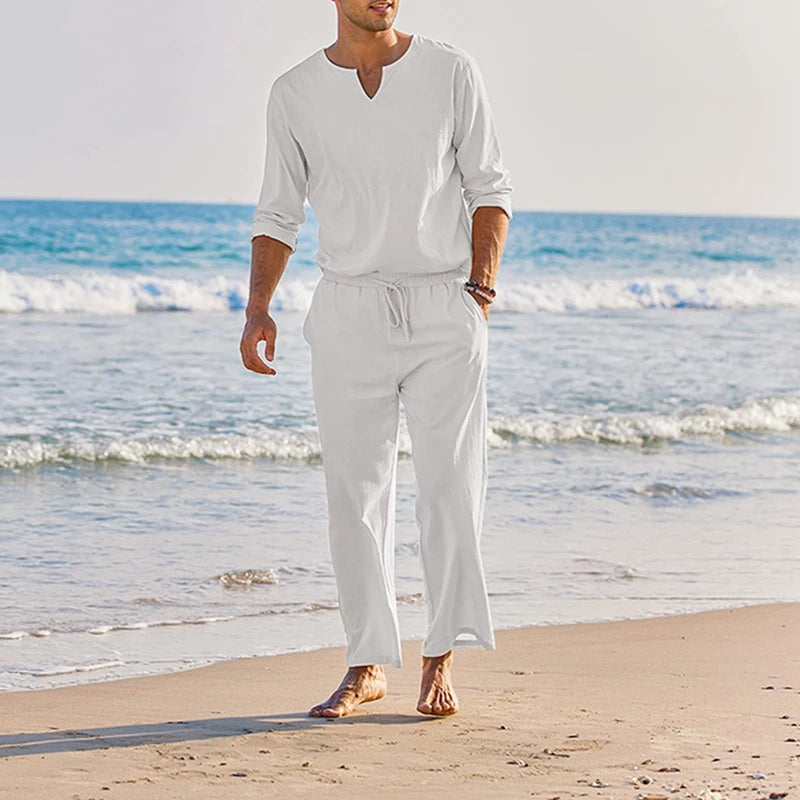 CN Guangdong Mens Summer Cotton Linen Loungewear Set 2 Pieces